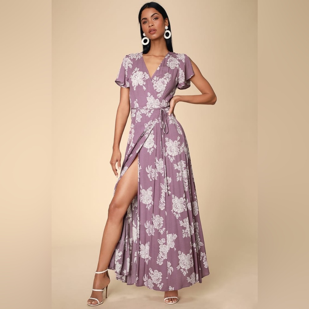 Lulus Heart of Marigold maxi dress dusty lavender Floral Print true Wrap